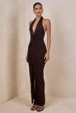 Ocealla Brown Plunge Neck Maxi Dress With Gathered Detailing