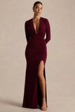 Command Burgundy Plunge Neck Maxi Dress With Front High Split