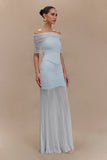 Caspian Slinky And Mesh Off Shoulder Maxi Dress Pale Blue