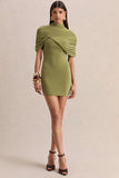 Perdi Olive Bodycon Mini Dress With Twisted Cape