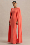 Mimi Coral High Neck Maxi Dress With Cape Sleeve Detail