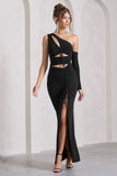Carlina Black Ruched One Shoulder Cut Out Split Maxi Dress