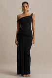 Tulisa Black Asymmetric Neck Maxi Dress With Twist Sleeves And Ruched Detailing