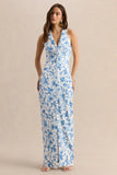 Quinn Blue Porcelain Print Plunge Neck Tailored Maxi Dress