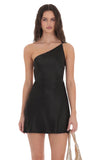 Satin One Shoulder Open Back Dress in Black