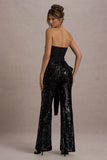 Bianco Black Sequin Strapless Flared Leg Jumpsuit With Drape