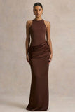Akari Brown Crew Neck Maxi Dress With Satin Skirt
