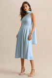 Odette Powder Blue Asymmetric Neck Midi Dress With Scarf