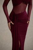 Cover Star Burgundy Mesh Bardot Long Sleeve Draped Maxi Dress