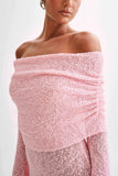 Marisol Off Shoulder Boucle Mini Dress Baby Pink