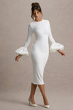 Celie White Long Sleeve Midi Dress With Puff Cuffs