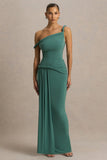 Tulisa Green Asymmetric Neck Maxi Dress With Twist Sleeves And Ruched Detailing