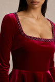 Beloved Red Velvet Hand Embellished Square Neck Mini Dress