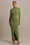 Zephyra Olive High Neck Wrapped Maxi Dress