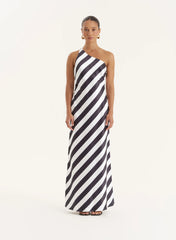 Stripe Print Satin One Shoulder Maxi Dress