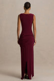 Decadence Burgundy High Neck Wrapped Maxi Dress With Twist Sleeve