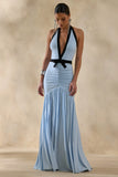 Cosmina Powder Blue Plunge Neck Maxi Dress With Bow Detail
