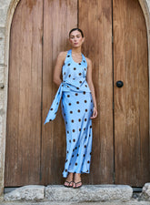 Blue And Chocolate Polka Dot Satin Maxi Skirt