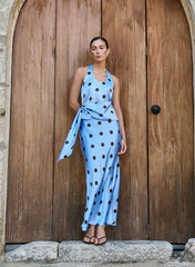 Blue And Chocolate Polka Dot Satin Maxi Skirt