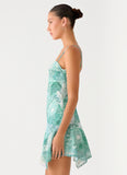 Marine Mist Asymmetric Hem Mini Dress Green Paisley