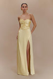 Larissa Satin Maxi Dress With Ruched Petals Lemon