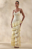 Avelisse Lemon Lace Plunge Neck Maxi Dress With Ruffled Detailing