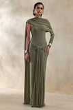Trisara Olive Asymmetric Neck Maxi Dress With Gathered Detailing And Sash