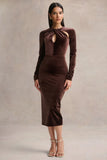 Francine Brown Velvet Round Neck Midi Dress With Cut Out Details
