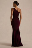 Zya Dark Plum Asymmetric Neck Fishtail Maxi Dress