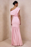 Kady Pink Asymmetric Neck Maxi Dress With Ruched Detailing