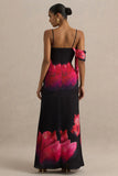 Leonara Black And Pink Floral Print Cowl Neck Maxi Dress With One Sleeve