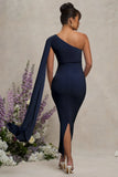 Amaryllis Navy Maternity One Shoulder Maxi Dress with Cape Sleeve