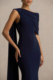 Tiana Navy Asymmetric Neck Maxi Dress With Drape Detail