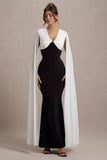 Grace Kelly Black White Plunge Neck Maxi Dress With Cape Sleeves
