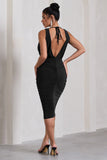 Marlowe Black Ruched Plunge Sleeveless Midi Dress