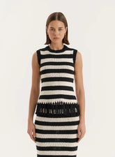Striped Sleeveless Knitted Tassel Trim Top