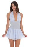 Dotted Halter Smocked Romper in Baby Blue