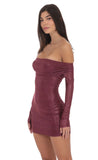 Foil Off Shoulder Dress in Burgundy