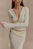 Miraby Front Ruched Knit Long Sleeve Top Ivory