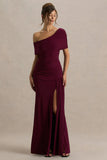 Dynasty Burgundy Asymmetric Neck Maxi Dress With Ruched Detailing And Front High Split