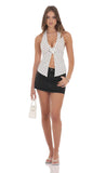 Polka Dot Flower Plunge Neck Top in White