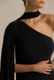 Arianne Black Asymmetric Neck Mini Dress With Scarf Detail