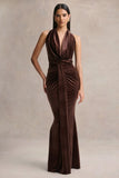 Lavernia Brown Velvet Halter Neck Maxi Dress With Gathered Detailing