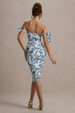 Citrus Blue Porcelain Print Bardot Bodycon Midi Dress With Bow Sleeves