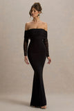 Madeleine Black Fishtail Maxi Dress With Bardot Mesh Long Sleeves