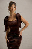 Tarna Brown Velvet Midi Dress With Bow Straps