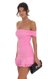 Off Shoulder Ruched Ruffle Dress in Pink