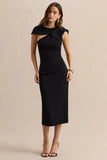 Clarina Black Asymmetric Neck Midi Dress With Bow Detail