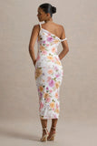 Nora Peach And Lilac Floral Twisted Asymmetric Midi Dress