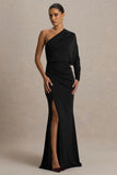 Lola Black Asymmetric Neck Maxi Dress With Ruched Detailing And Front High Split